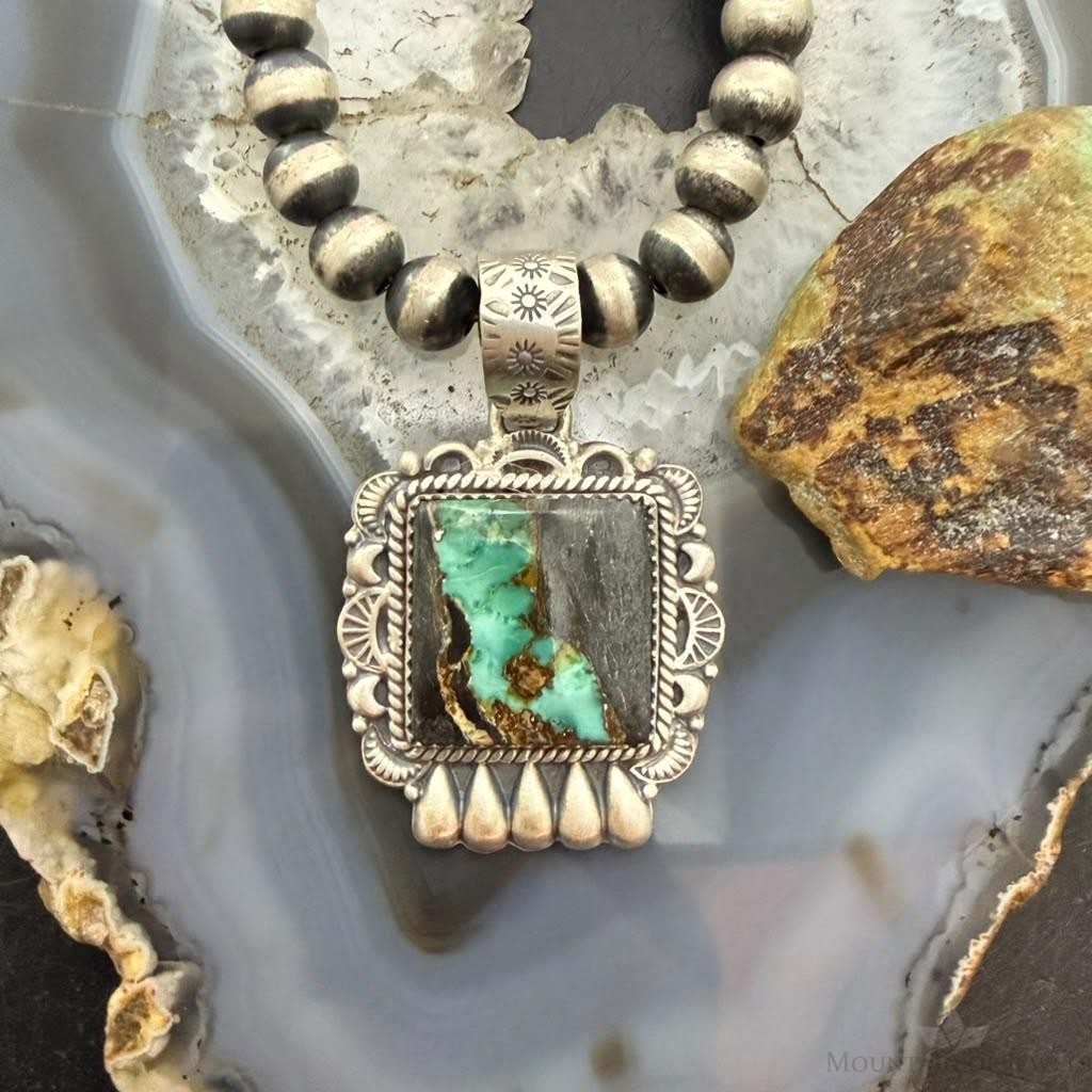 Sterling Silver Southwestern Style Square Blackjack Turquoise Decorated Pendant