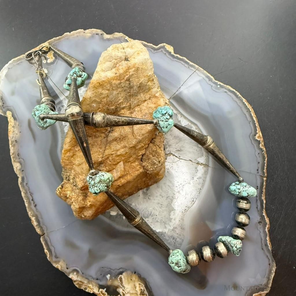 Vintage Native American Silver Navajo Pearl Bead, Cones, Turquoise 18" Necklace For Women