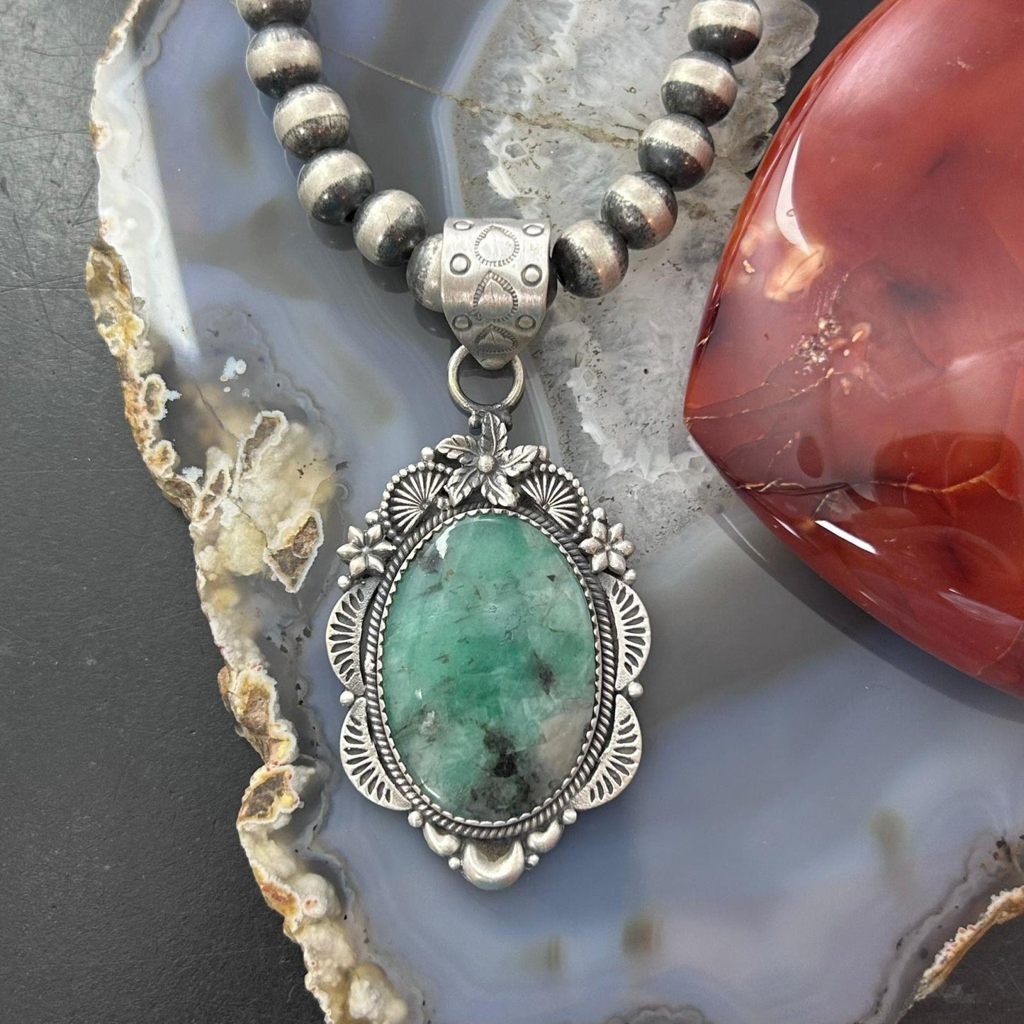 Sterling Silver Southwestern Style Oval Emerald Decorated Pendant For Women