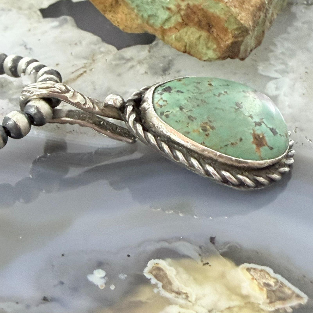 Vintage Sterling Silver Native American Green Turquoise Shepherd Hook Pendant