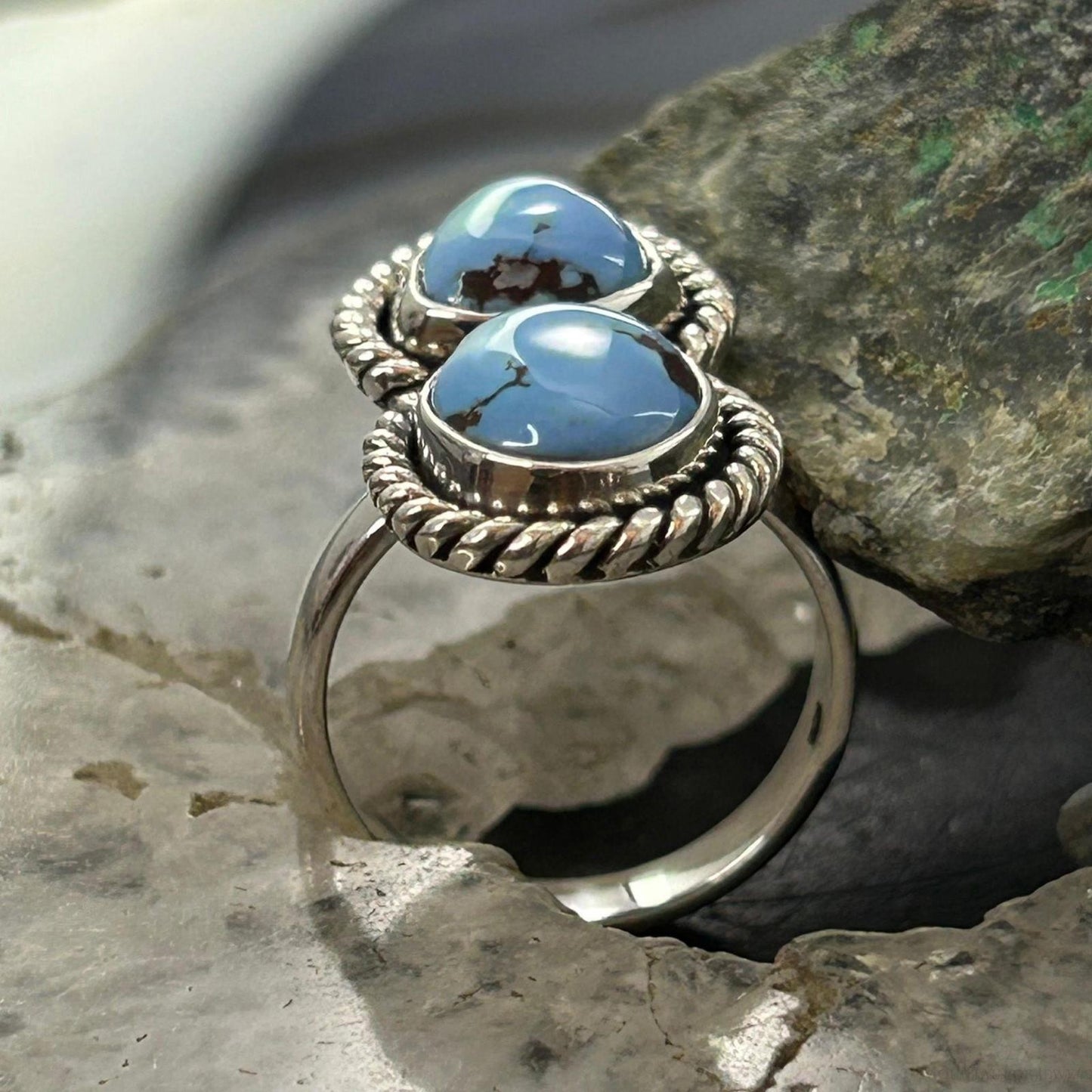 Southwestern Style Sterling Silver 2 Golden Hill Turquoise Ring Size 7 For Women
