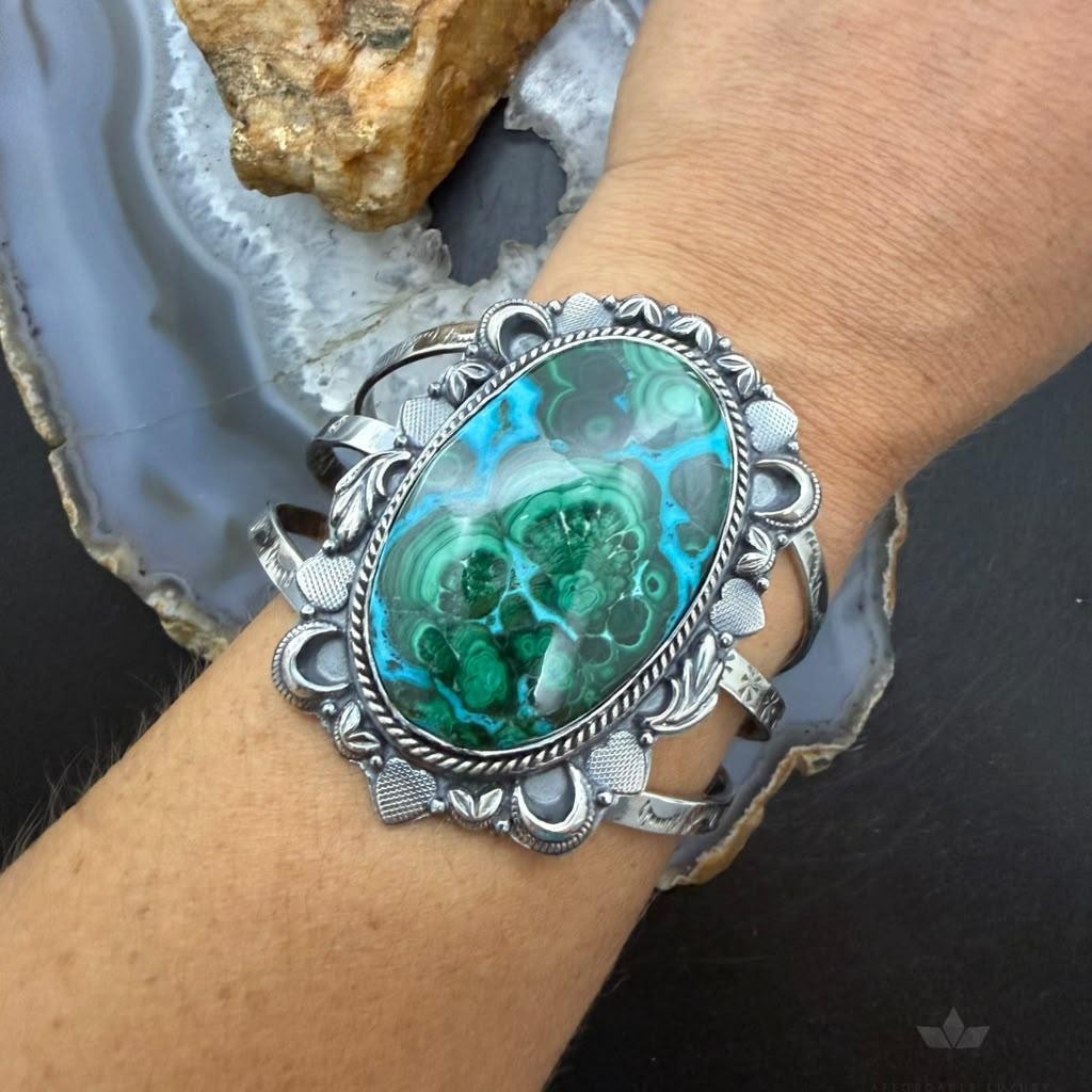 Sterling Silver Southwestern Style Oval Azurite Malachite Bracelet For Women
