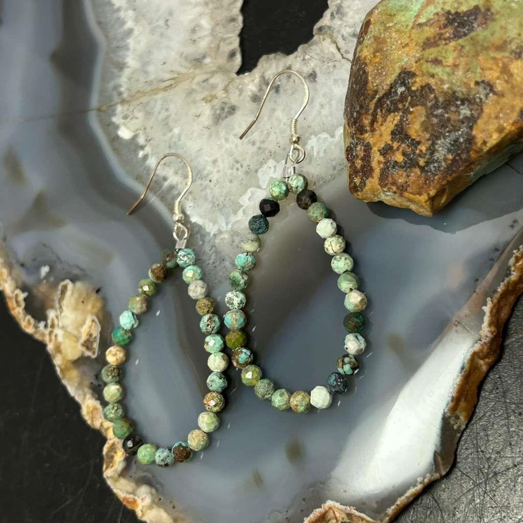 Sterling Silver Rounded Faceted Hubei Turquoise Hoop Dangle Earrings For Women