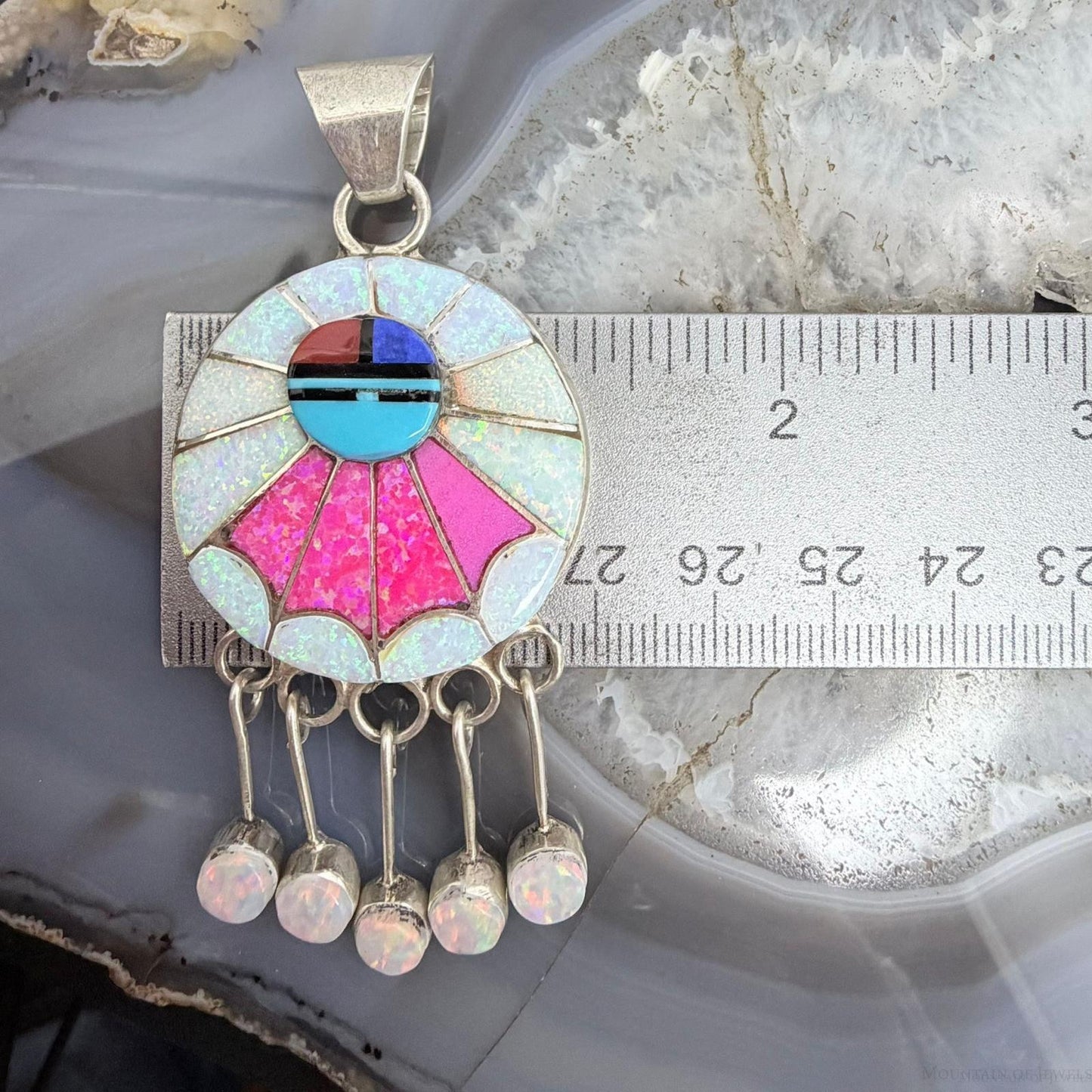 Amy Quandelacy Zuni Sterling Silver Sunface Opal,Turquoise,Coral Decorated Pendant