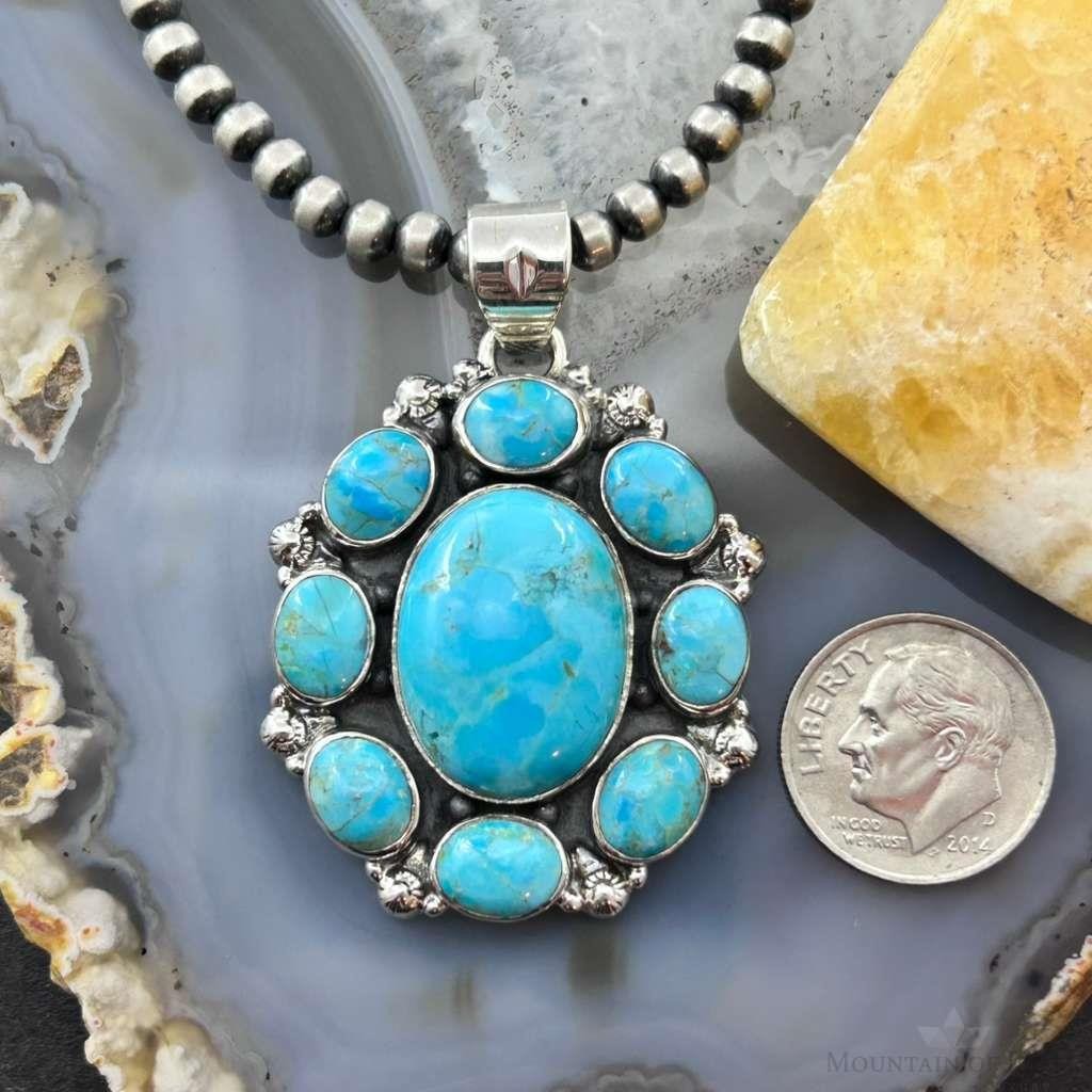 Sterling Silver Southwestern Style Mohave Turquoise Cluster Pendant For Women