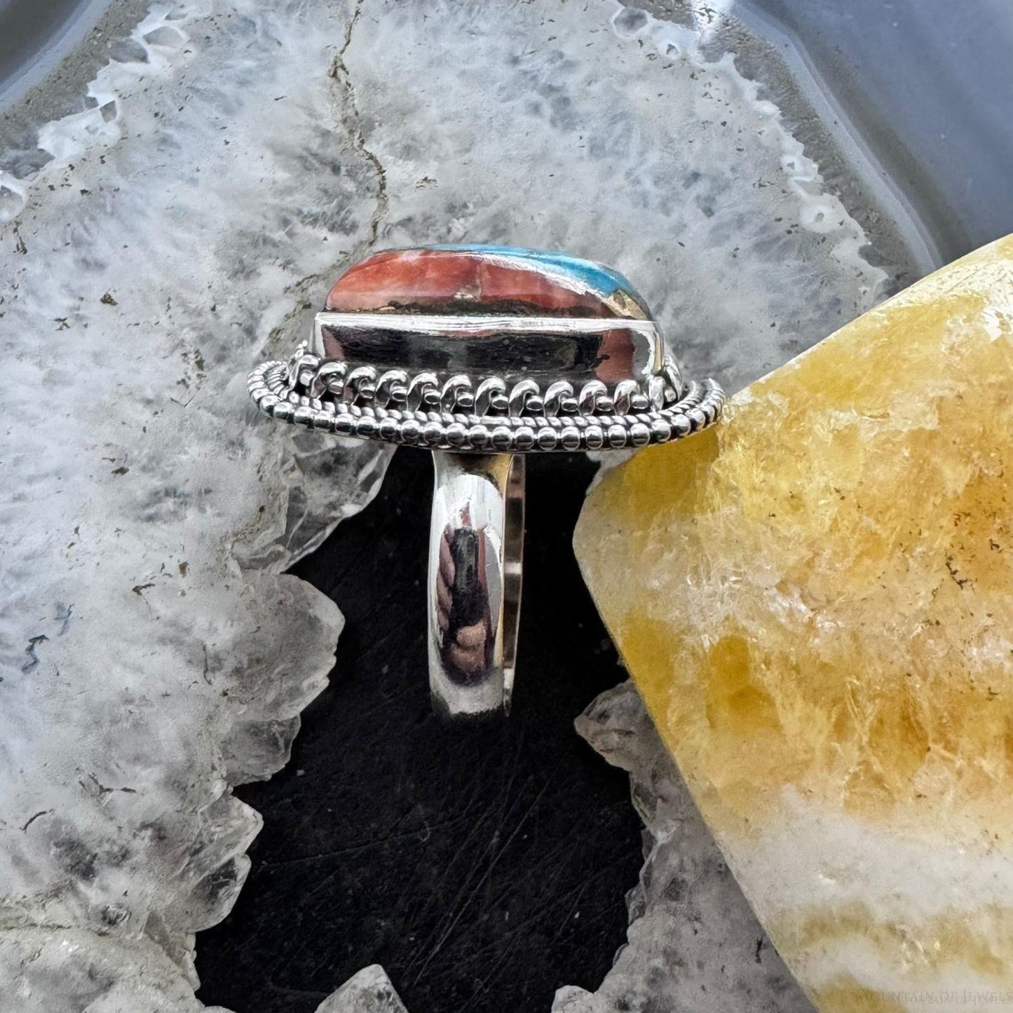 Sterling Silver Southwestern Style Rectangle Composite Spiny Oyster Turquoise Ring 6.75 For Women
