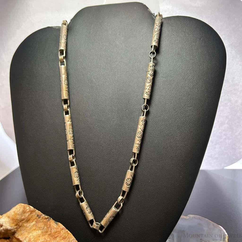 Vintage Silver Stamped Cylinder 24" Fashion Link Necklace For Women