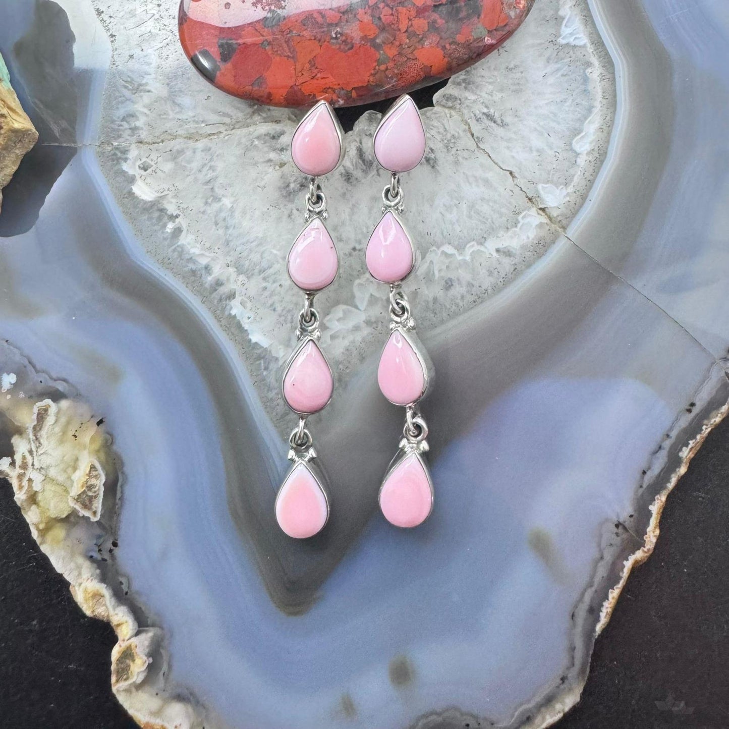 Native American Sterling Silver 4 Pink Conch Long Dangle Earrings For Women #1