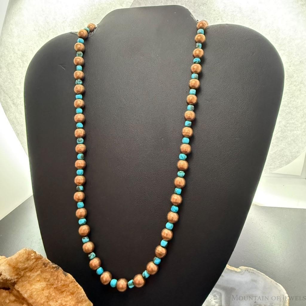 Copper Navajo Pearl Beads & Turquoise Beaded 20" Necklace For Women