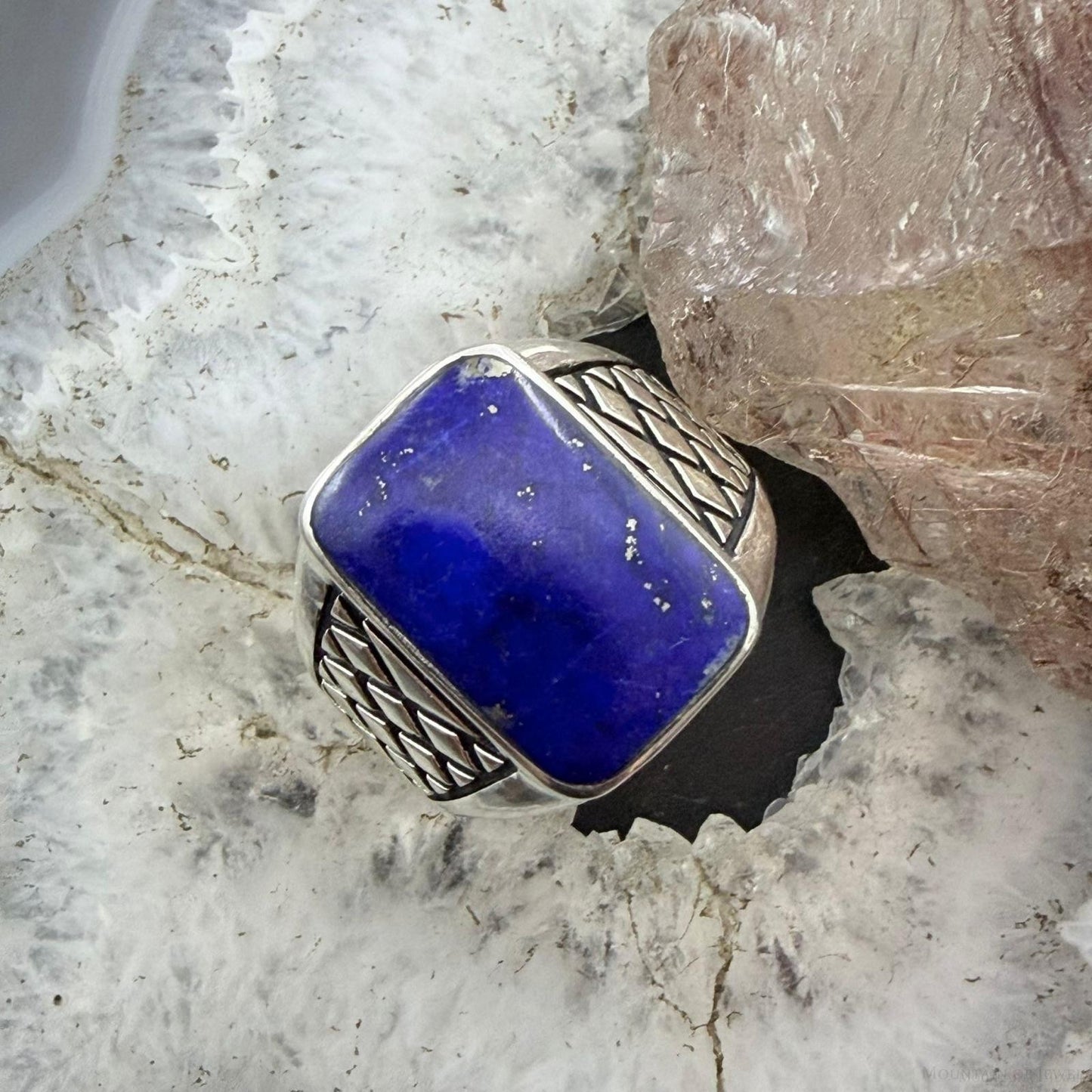 Native American Sterling Silver Lapis Decorated Bar Ring Size 11 For Men