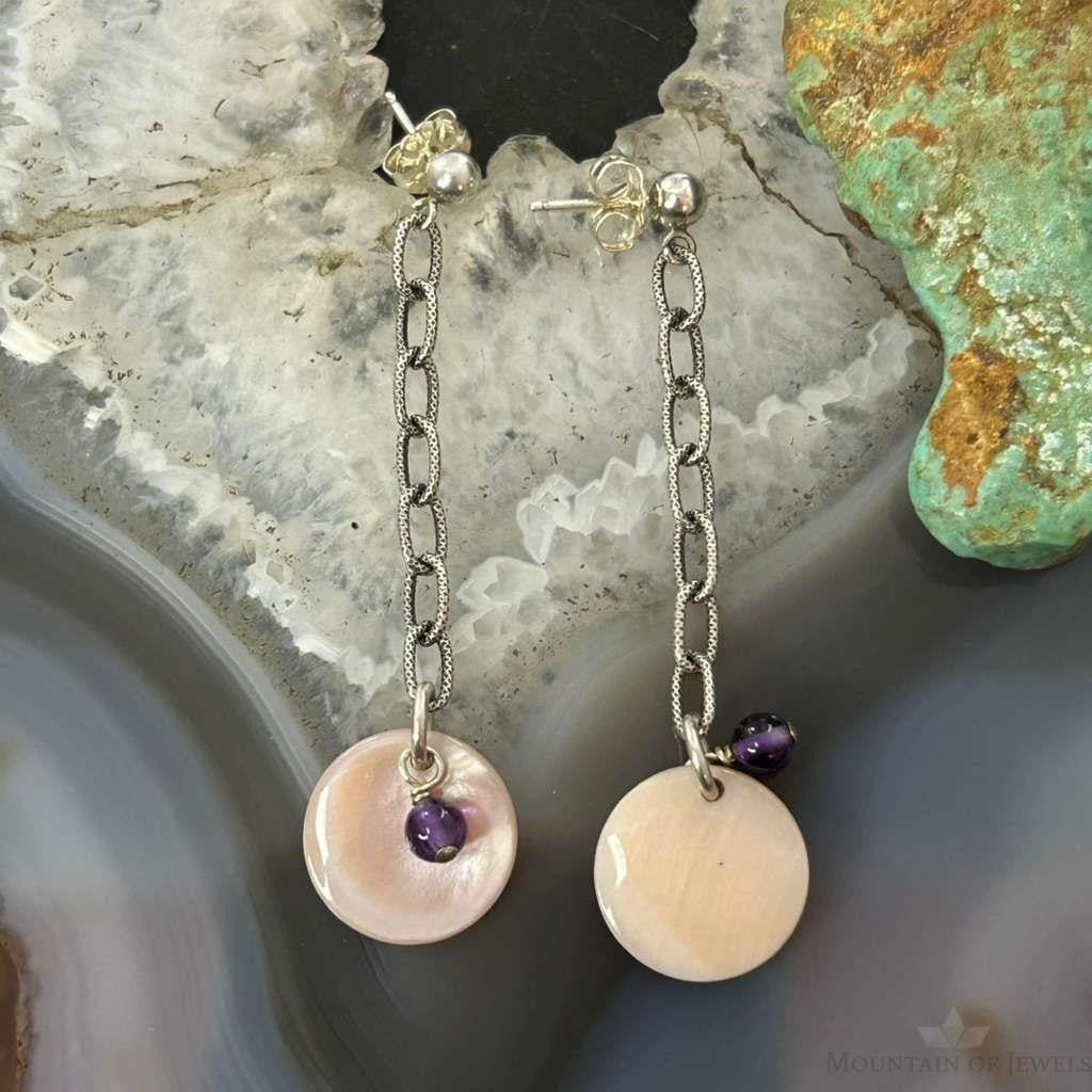 Carolyn Pollack Sterling Silver Pink MOP & Amethyst Dangle Earrings For Women