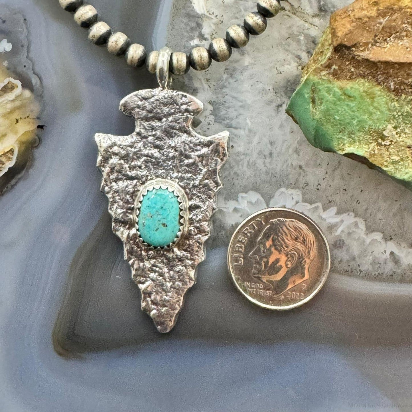 Gary Custer Native American Navajo Sterling Silver Tufa Cast Turquoise Arrowhead Unisex Pendant #2