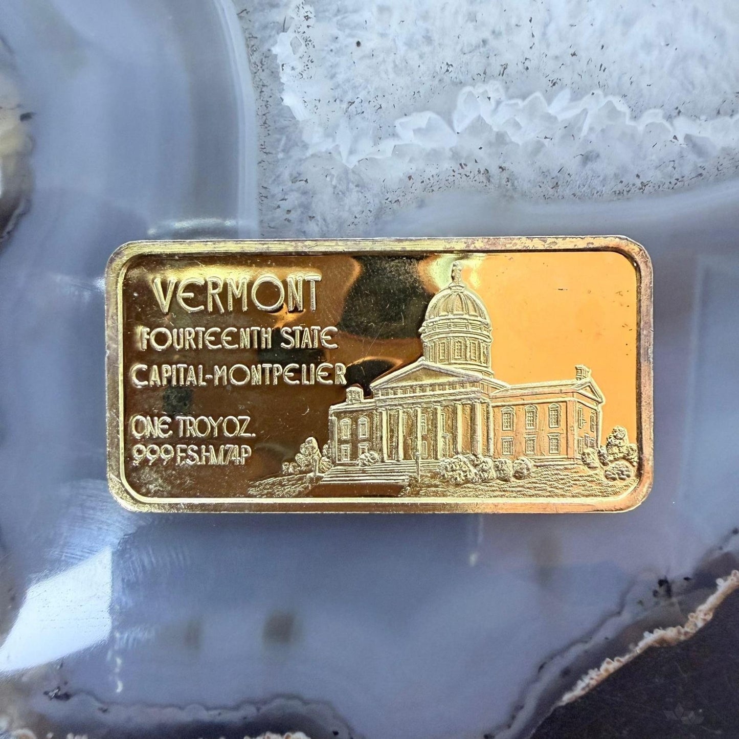 US .999 One Ounce Silver Vermont Bar w/24K Gold Plated Hamilton Mint #112825-6