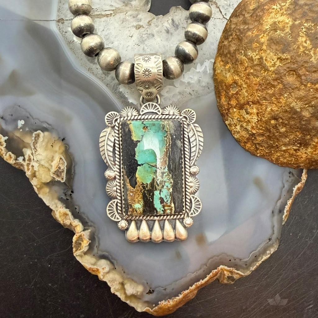 Sterling Silver Southwestern Style Rectangle Blackjack Turquoise Decorated Pendant #2