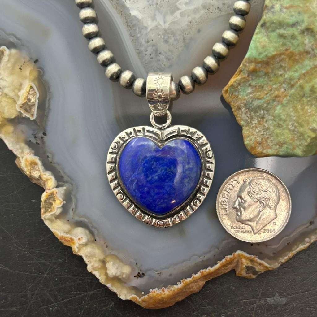 Sterling Silver Southwestern Style Lapis Heart Decorated Pendant For Women #2