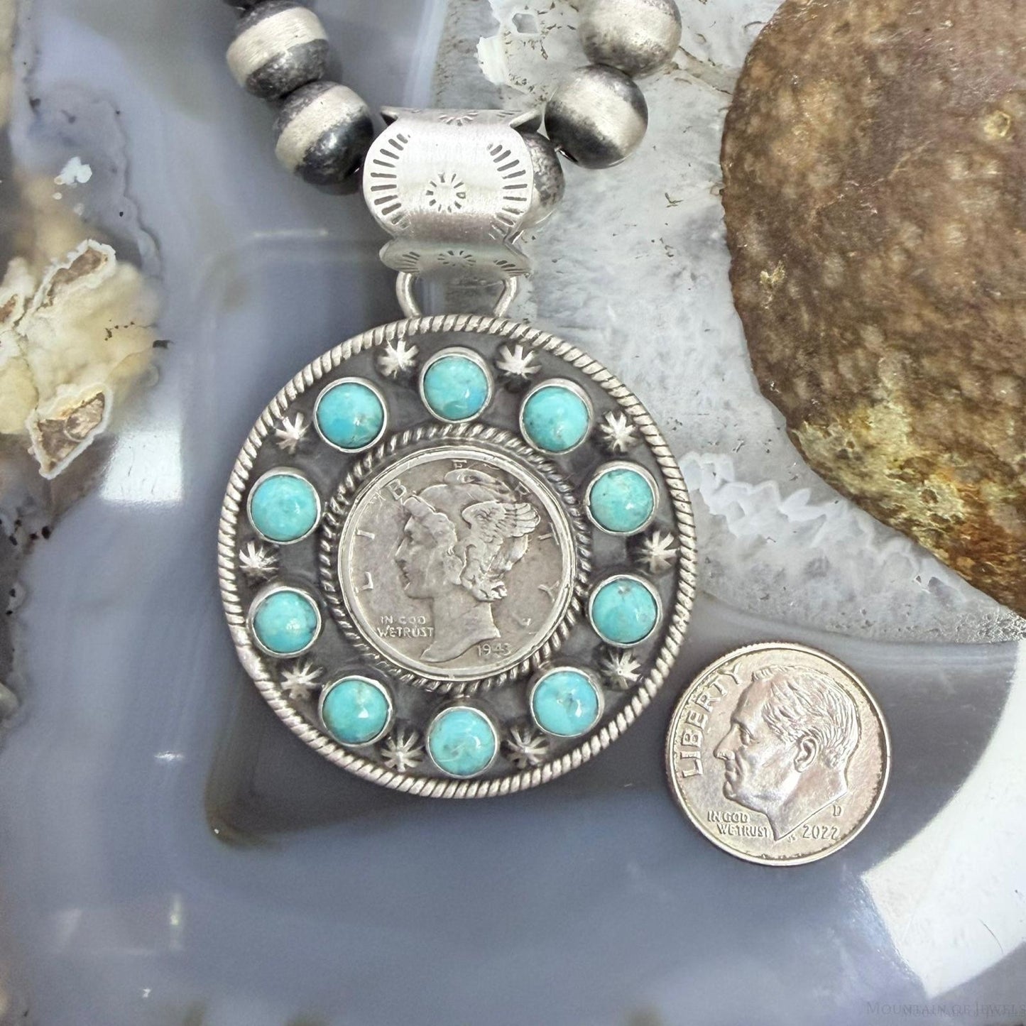 Genuine 1943 90% Silver Mercury Dime Coin w/Mohave Turquoise Unisex Pendant