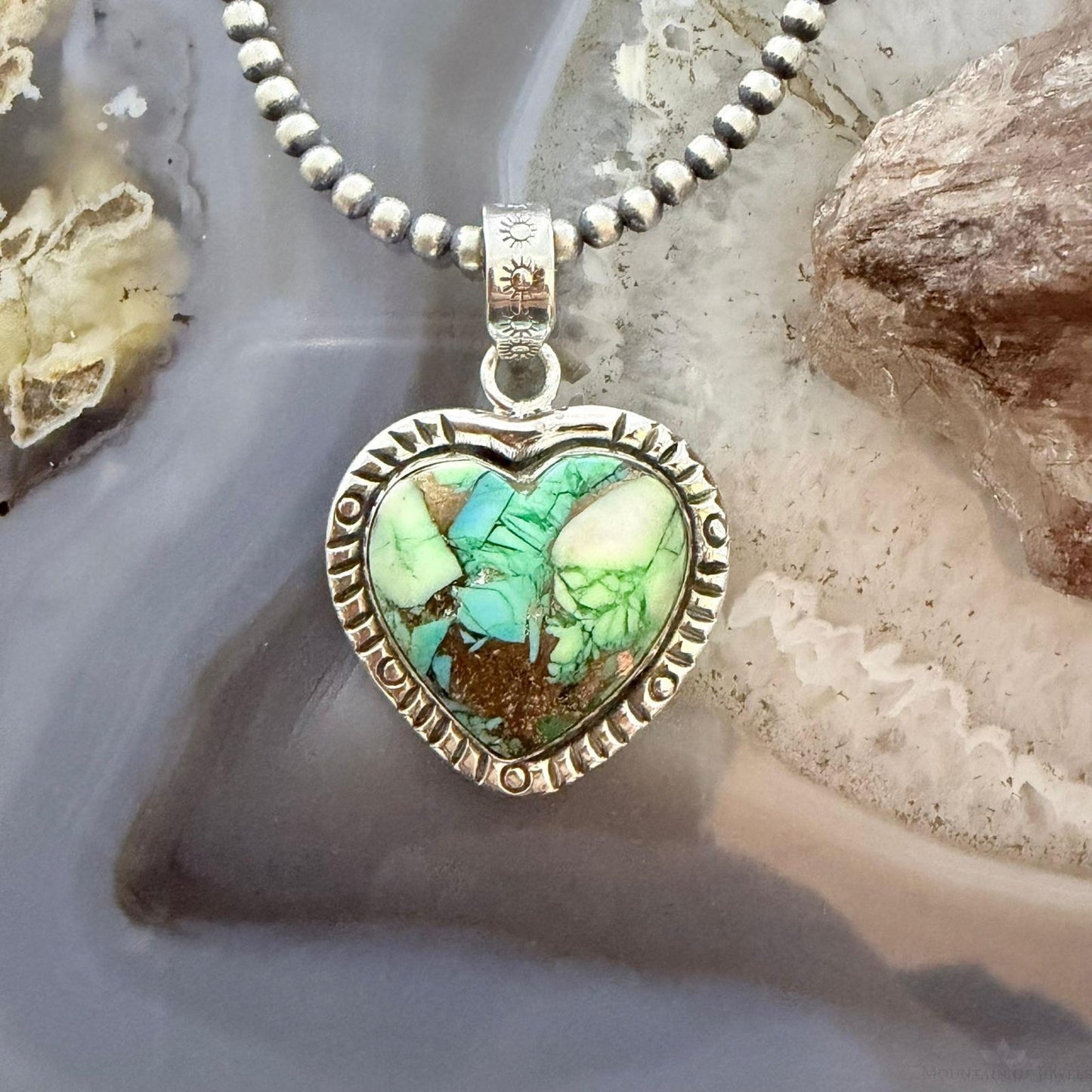 Sterling Silver Southwestern Style Green Turquoise Dahlia Heart Pendant For Women