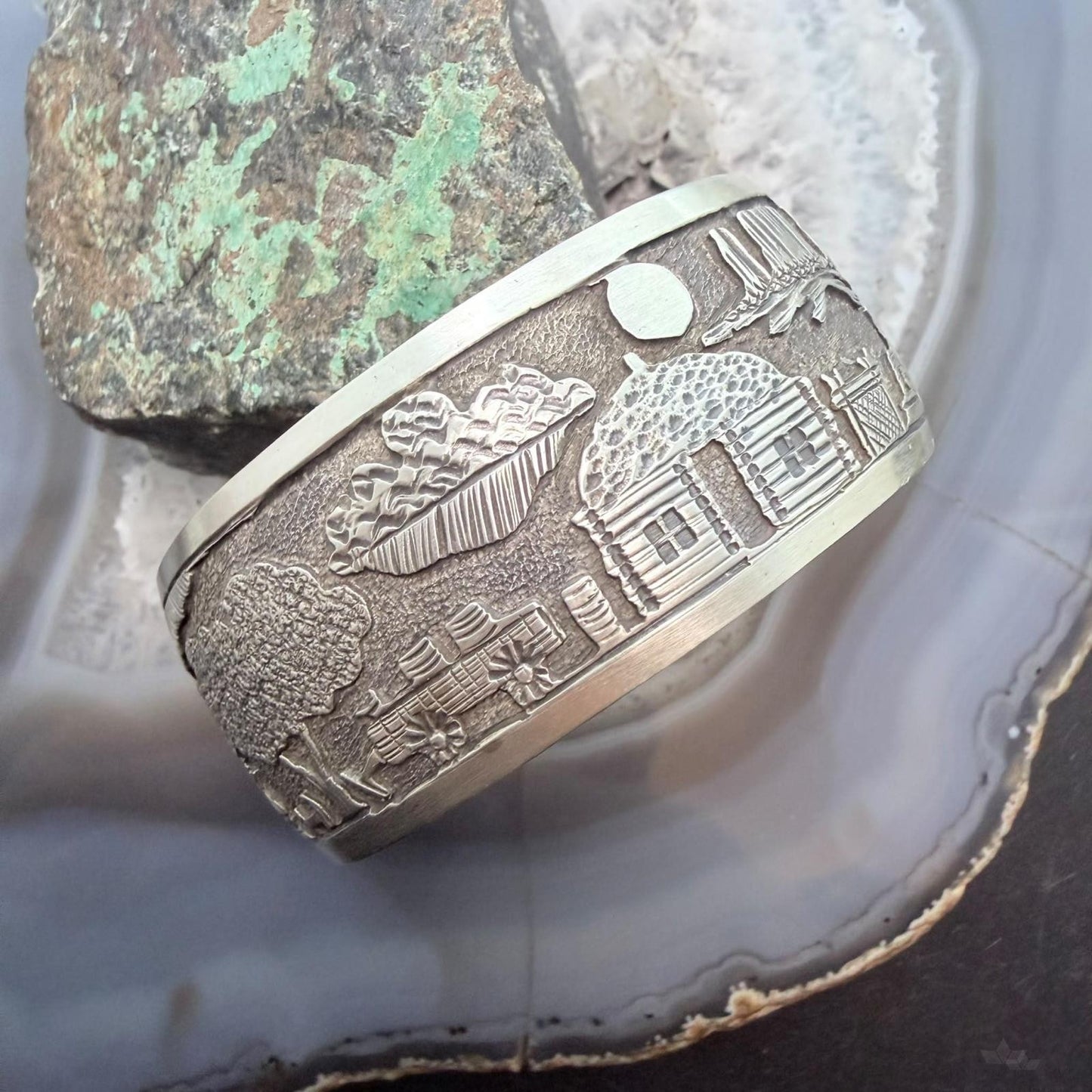 Alex Becenti Native American Sterling Silver Village Life Storyteller Unisex Bracelet