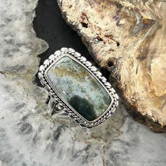Sterling Silver Southwestern Style Rectangle Chrome Chalcedony Ring Size 7.25 For Women