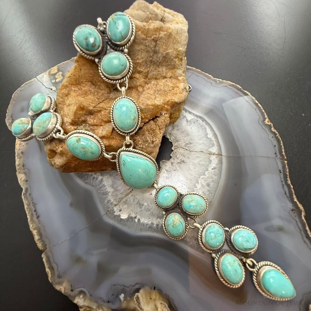 Sterling Silver Southwestern Style KingmanTurquoise Lariat Cluster 24.5" Necklace