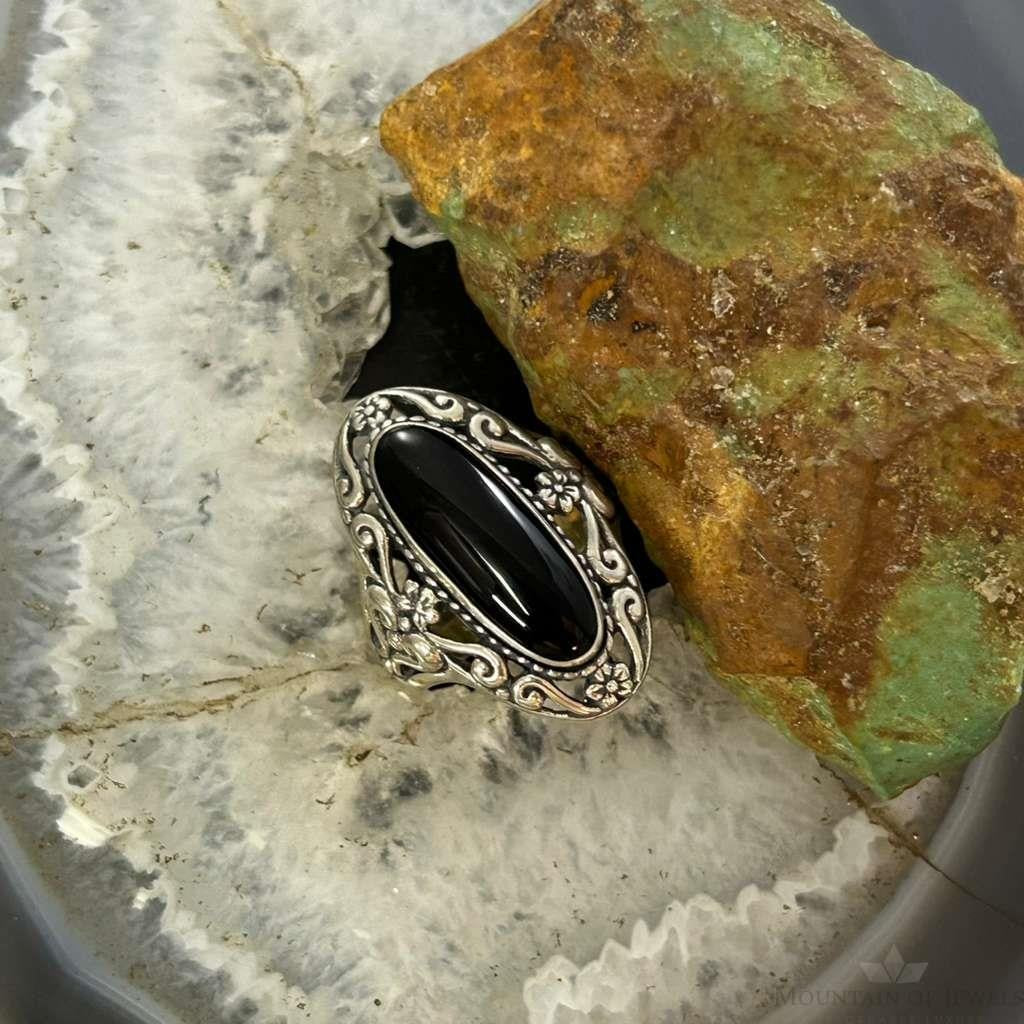 Carolyn Pollack Sterling Silver Oval Onyx Decorated Ring Size 5, 9 For Women