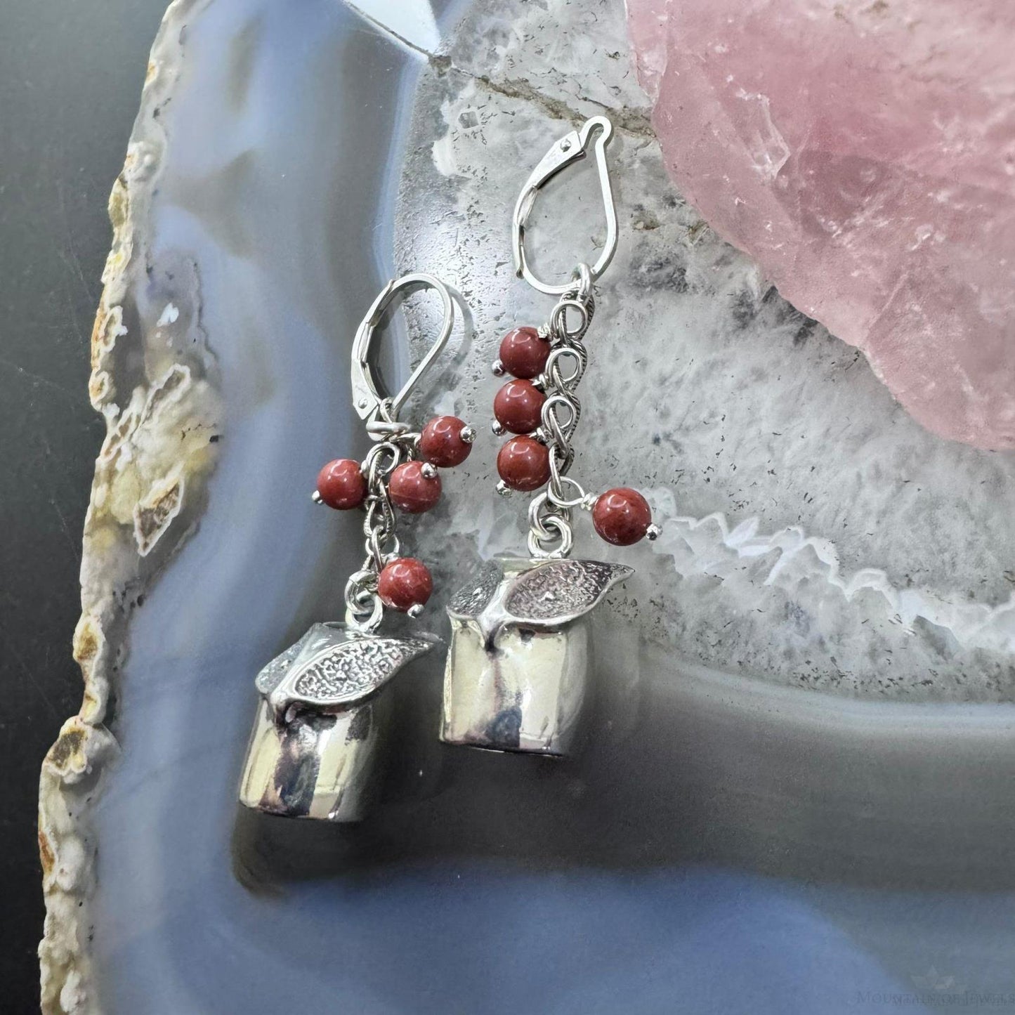 Andrew Rodriguez Sterling Silver Owl With 4 Tiny Red Jasper Beads Dangle Earrings For Women