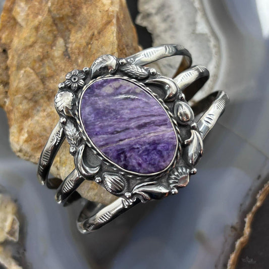 Sterling Silver Southwestern Style Large Oval Charoite Decorated Bracelet For Women