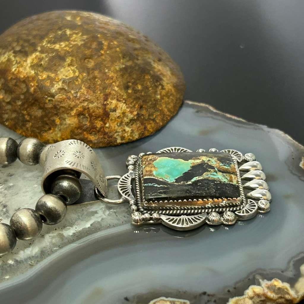 Sterling Silver Southwestern Style Rectangle Blackjack Turquoise Pendant For Women #1