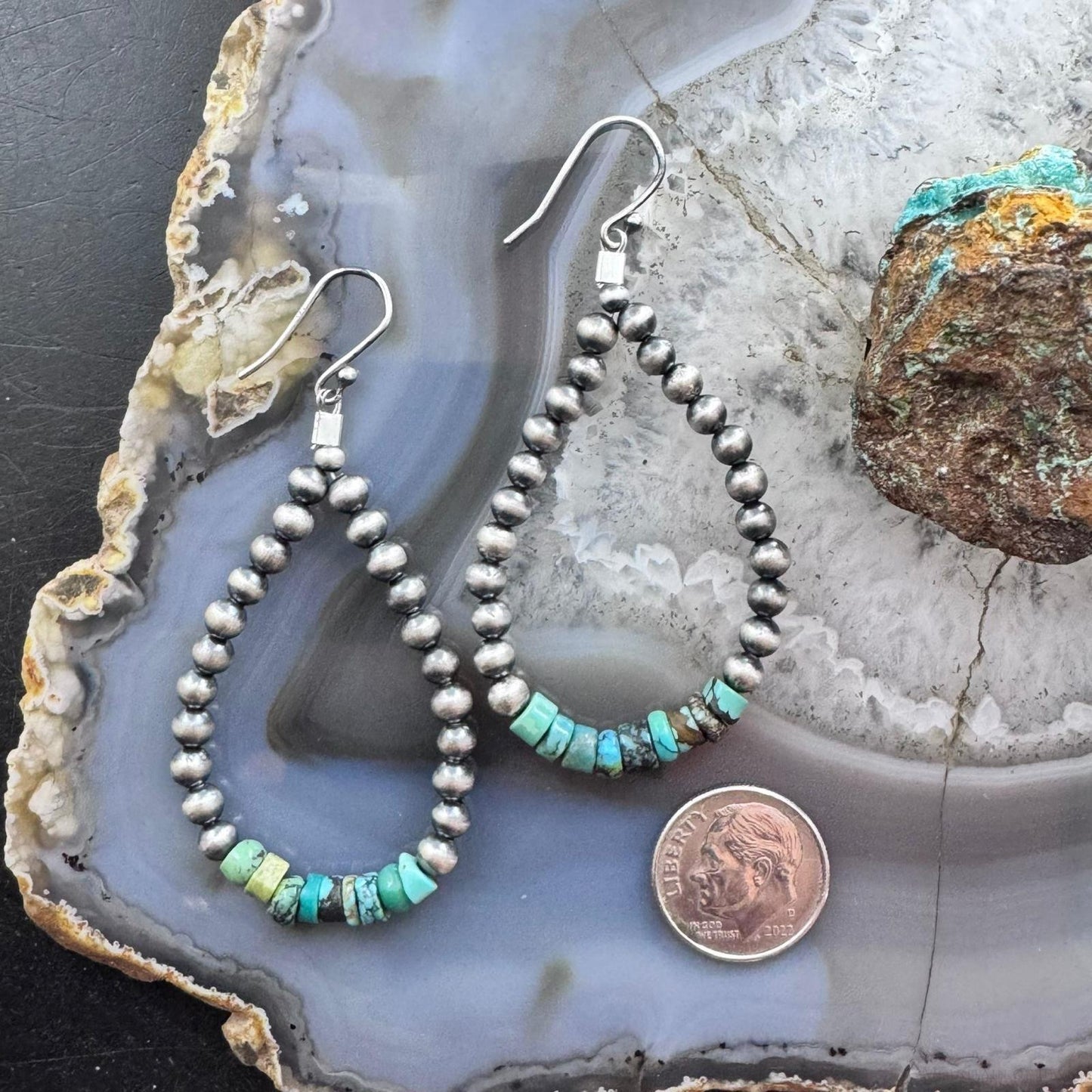 Sterling Silver Southwestern Style Navajo Pearl & Turquoise Bead Hoop Earrings For Women
