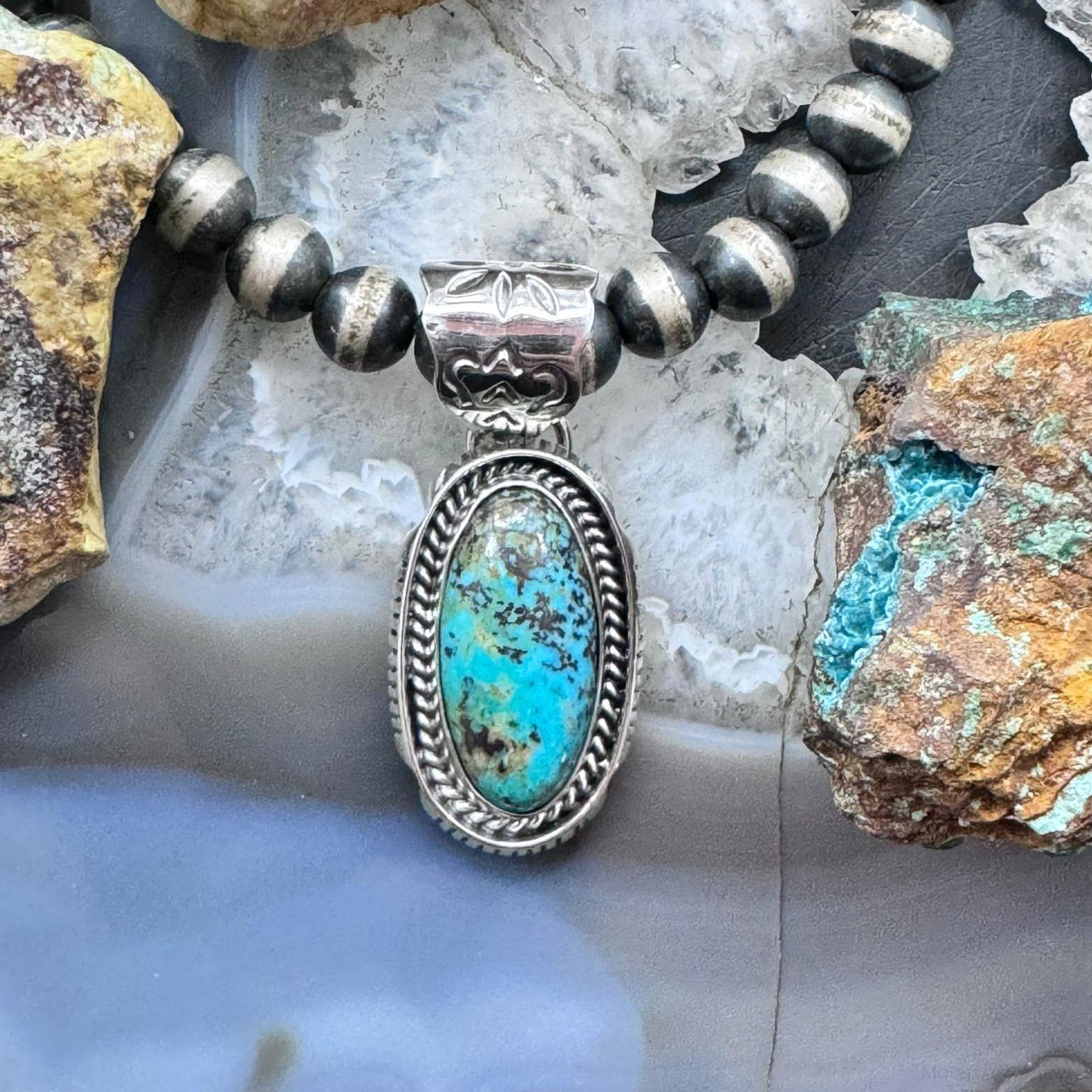 Native American Sterling Silver Elongated Oval Turquoise #8 Pendant For Women