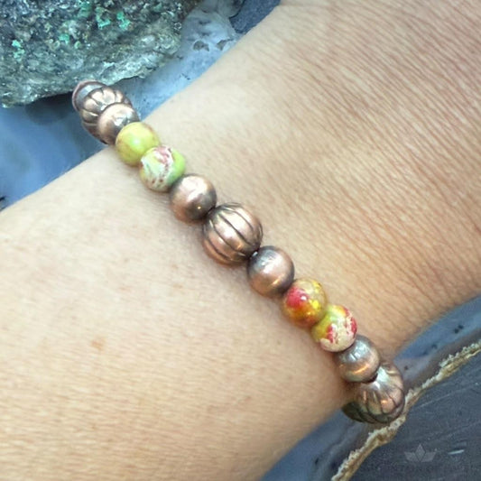 Southwestern Style Copper 6-8mm Navajo Pearl Beads & 6mm Jasper Stretch Bracelet For Women