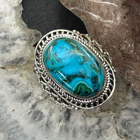 Sterling Silver Southwestern Style Oval Malachite Chrysocolla Ring Size 7.5 For Women