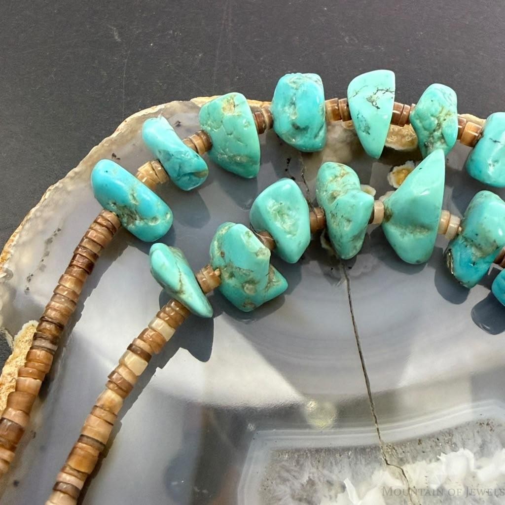 Vintage Native American Chunky Turquoise & Heishi Shell 28" Necklace For Women