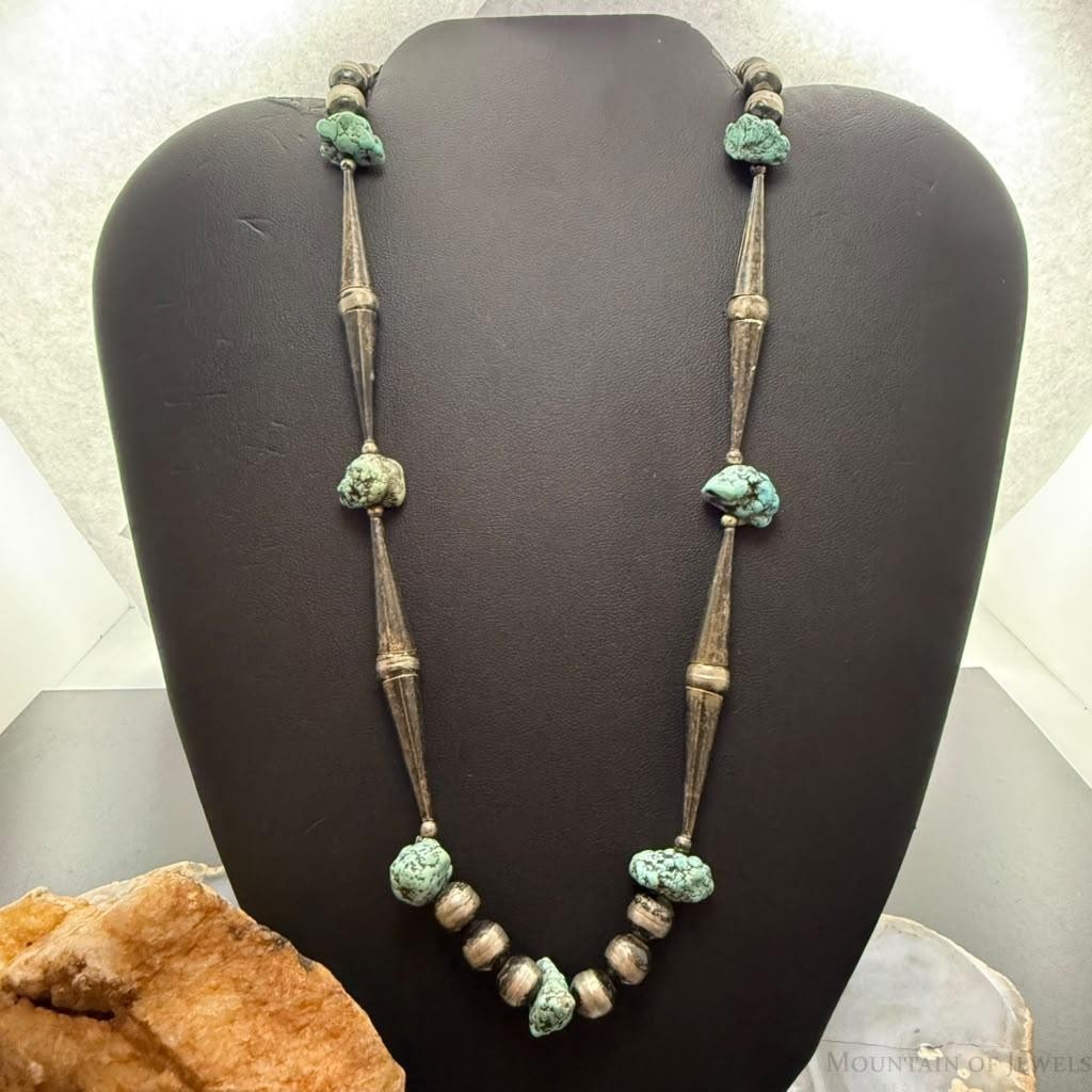 Vintage Native American Silver Navajo Pearl Bead, Cones, Turquoise 18" Necklace For Women