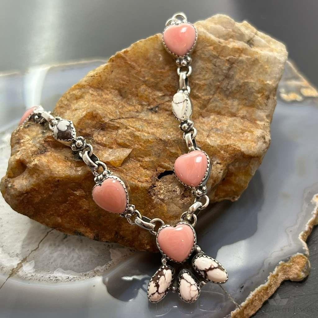 Sterling Silver Southwestern Style Pink Conch & Wild Horse Lariat 22" Necklace For Women