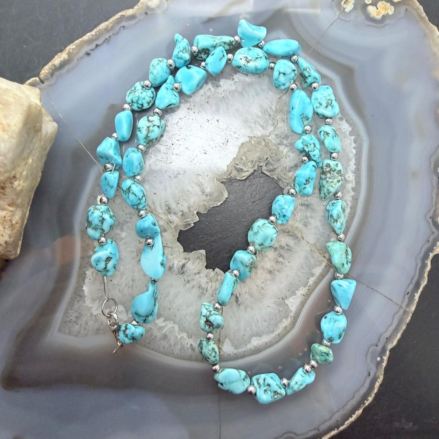 Sterling Silver Southwestern Style Natural Turquoise w/Silver Beads Necklace For Women