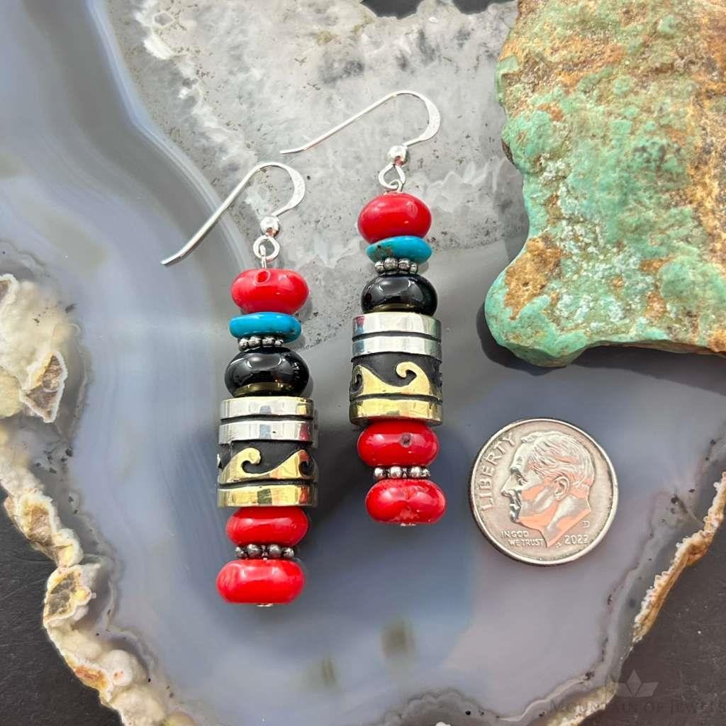 Tommy & Rosita Singer Sterling  Silver Coral, Onyx, Turquoise Bead Dangle Earrings For Women