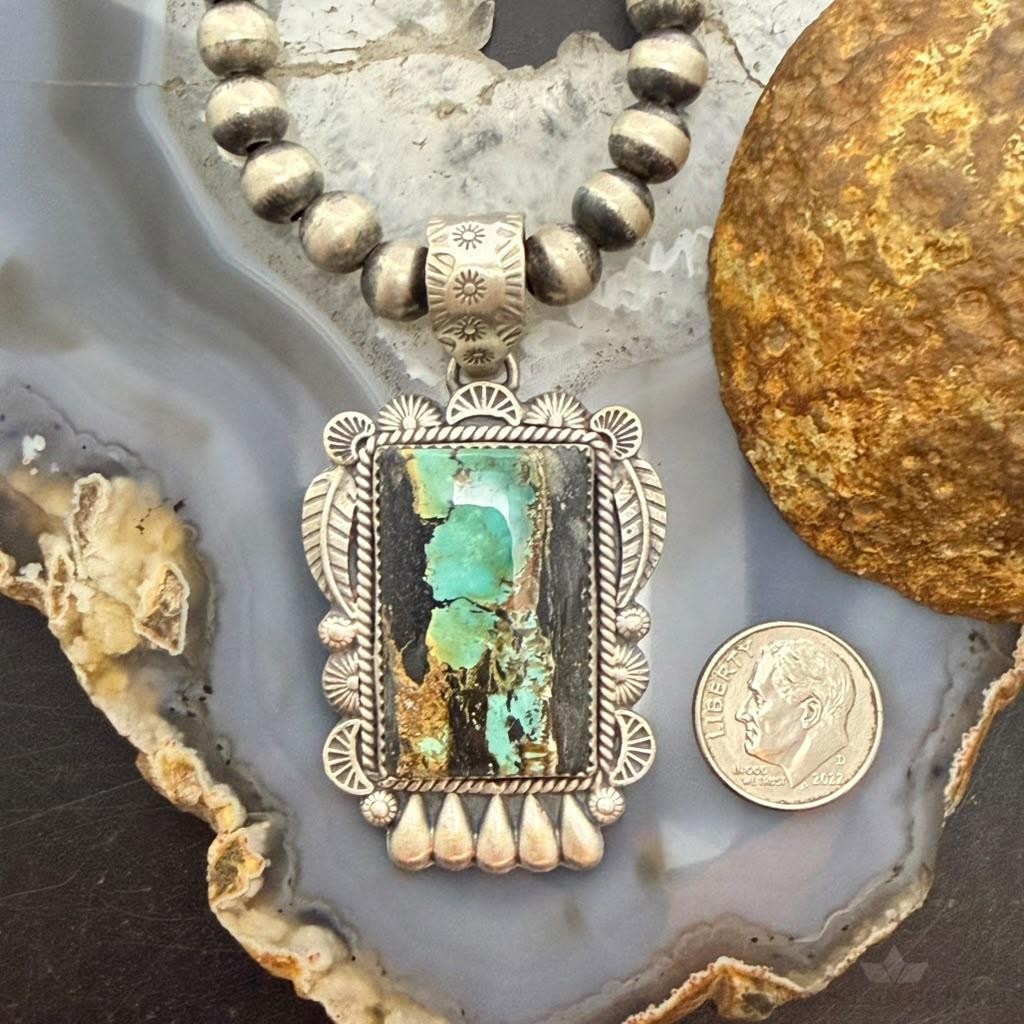 Sterling Silver Southwestern Style Rectangle Blackjack Turquoise Decorated Pendant #2