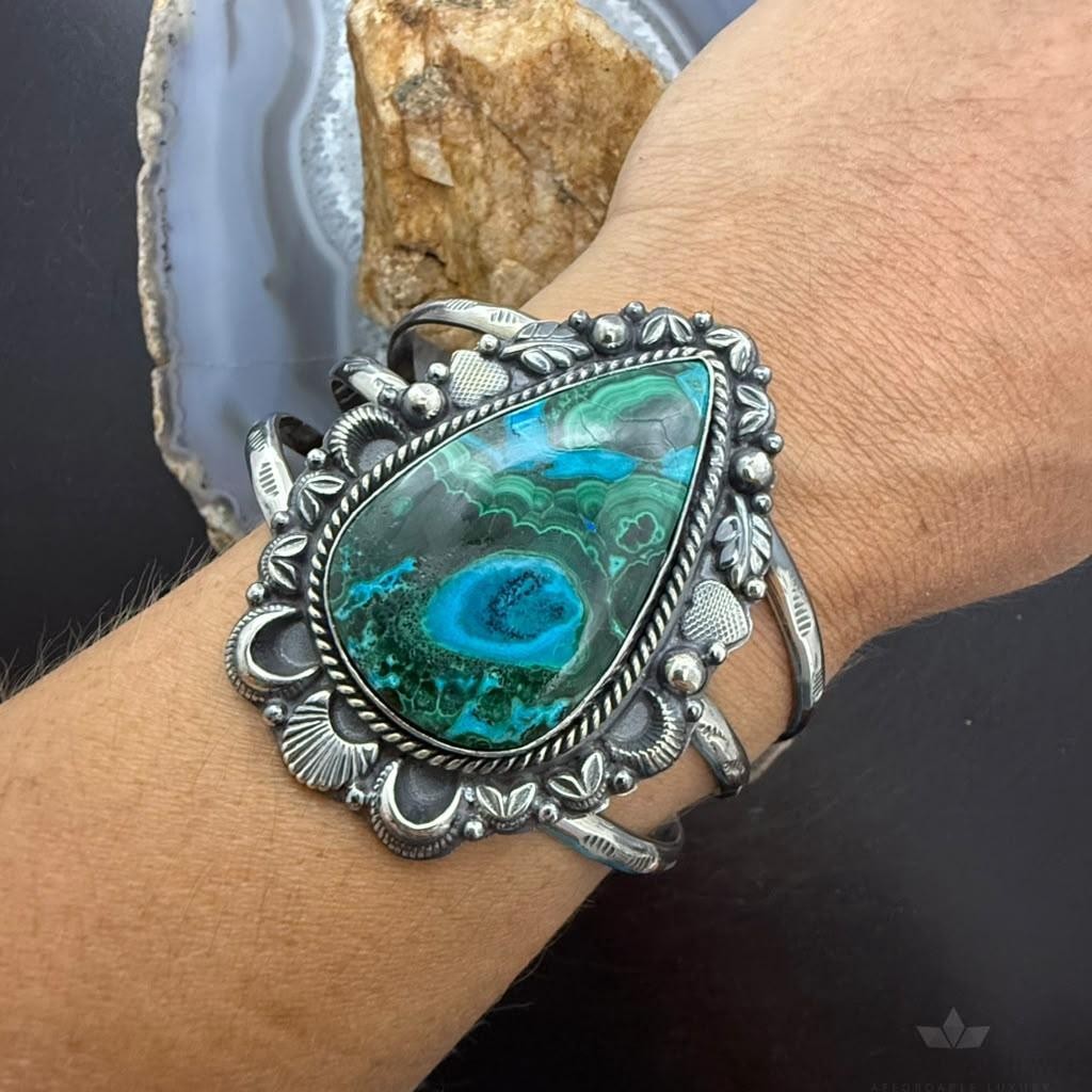 Sterling Silver Southwestern Style Teardrop Azurite Malachite Bracelet For Women