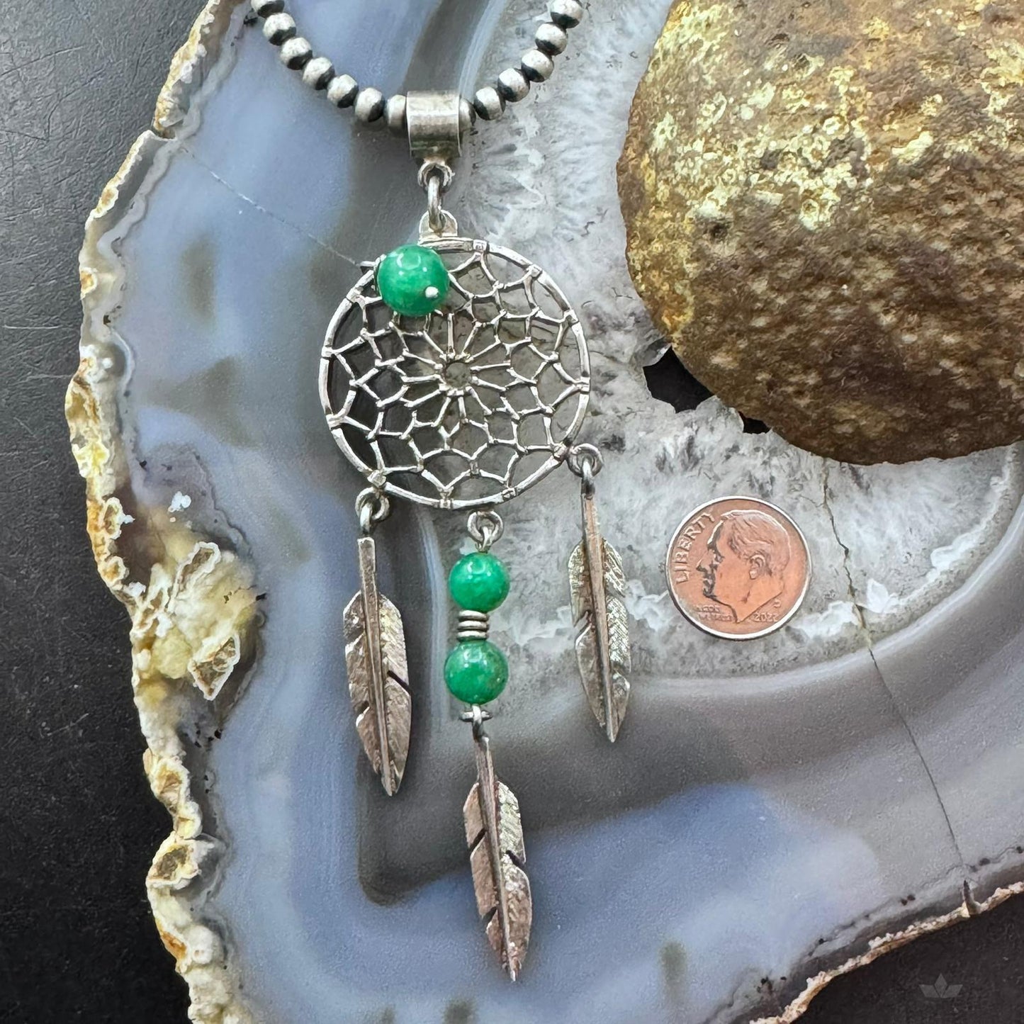 Vintage Native American Silver 3 Jade Beads Dreamcatcher Pendant For Women