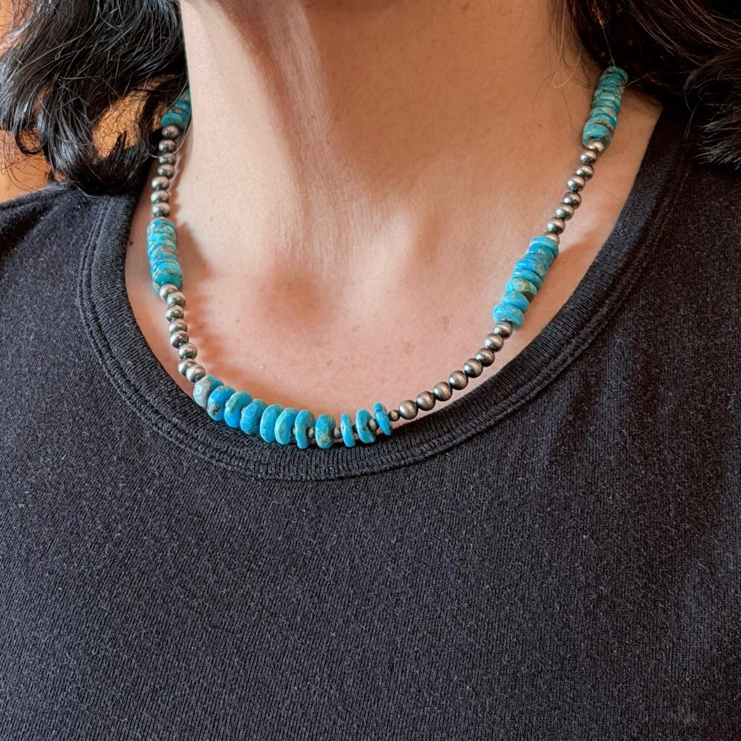 Sterling Silver Southwestern Style Blue Turquoise Beads & Starling Beads 19" Necklace For Women