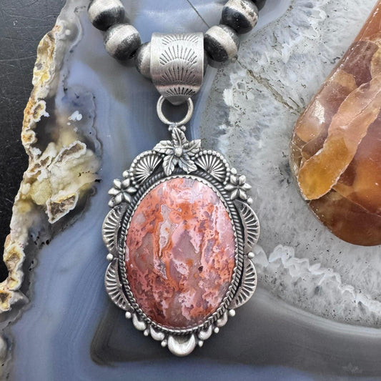 Sterling Silver Southwestern Style Oval Red Plum Decorated Pendant For Women
