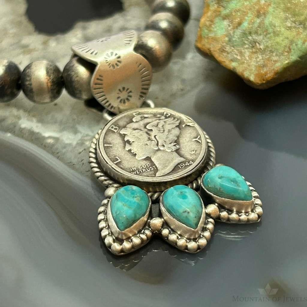 Genuine 1944 90% Silver Mercury Dime Coin Teardrop Mohave Turquoise Unisex Pendant