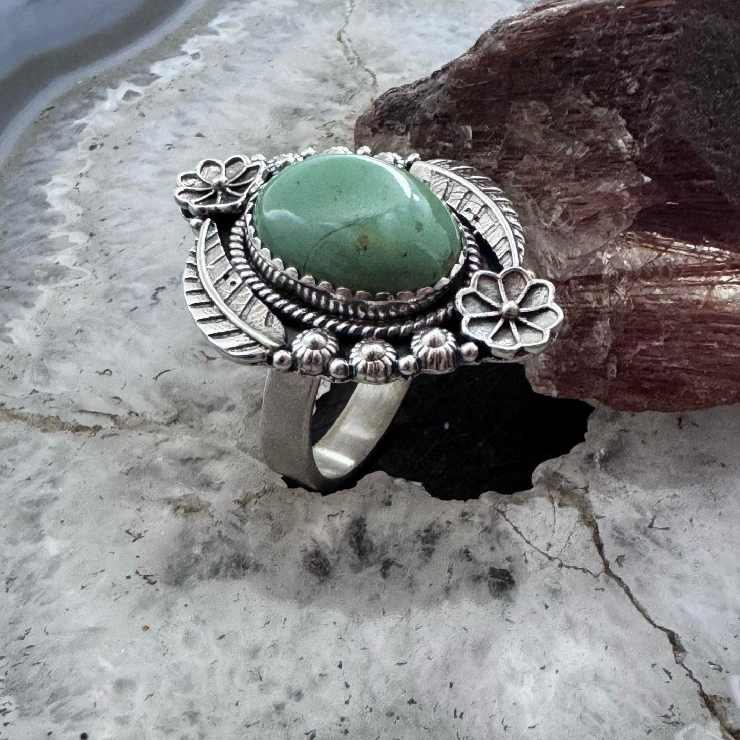 Sterling Silver Southwestern Style Oval Green Turquoise Adjustable Decorated Ring For Women