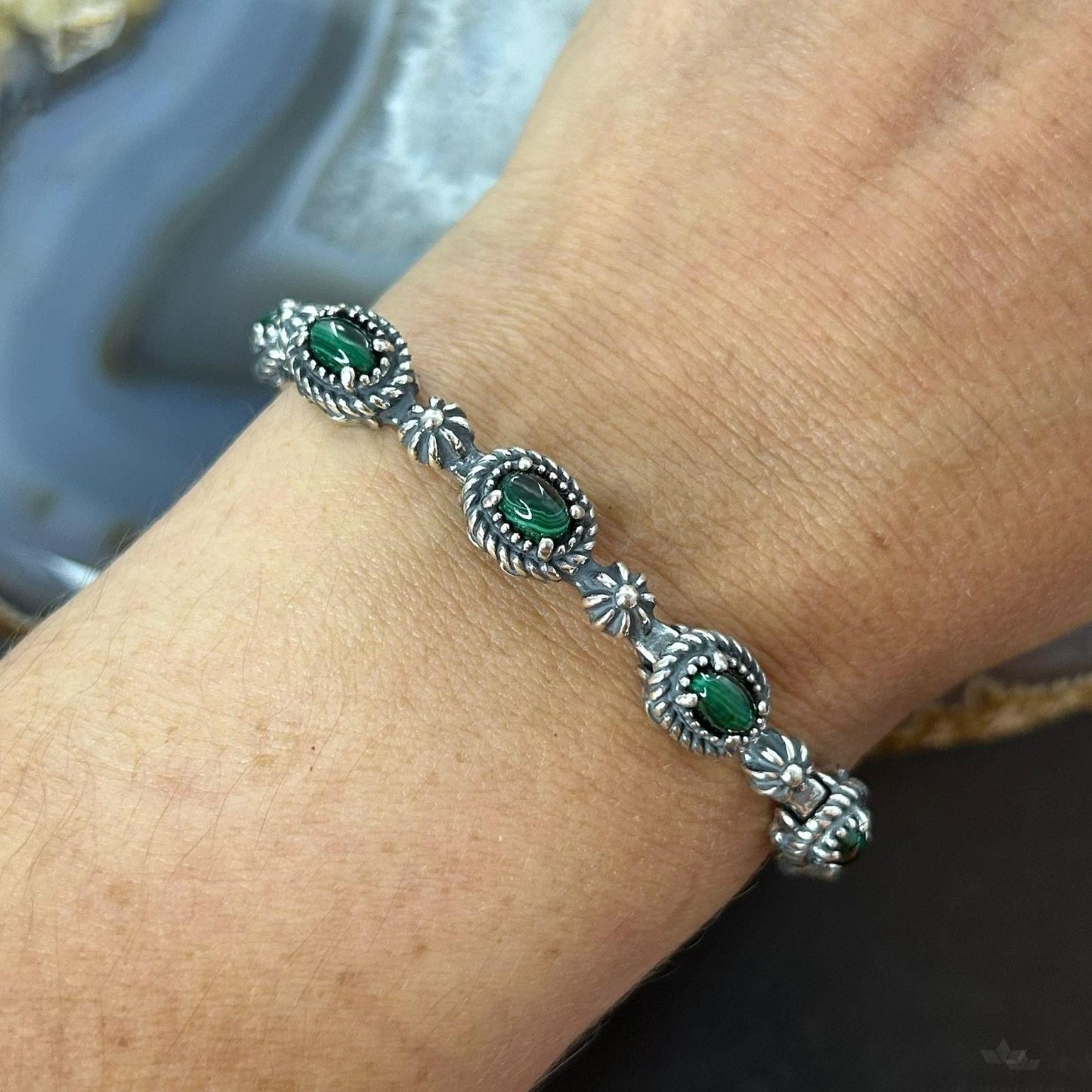 Carolyn Pollack Sterling Silver 9 Oval Malachite Link Bracelet For Women