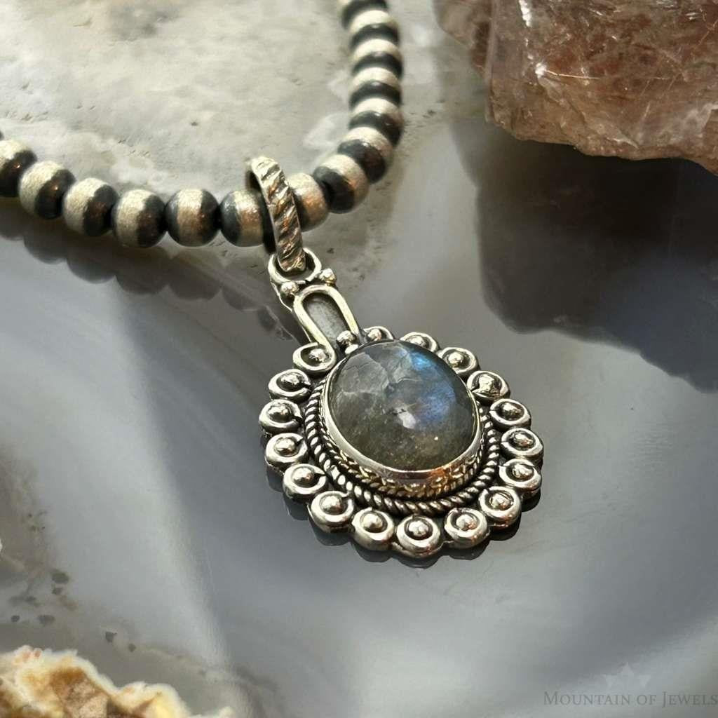 Sterling Silver Southwestern Style Oval Labradorite Decorated Charm/Pendant For Women