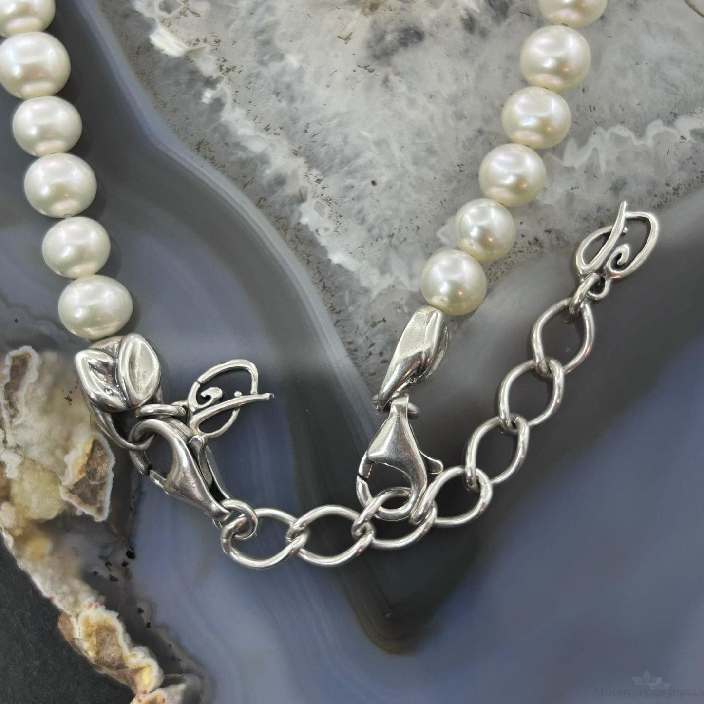 Carolyn Pollack Sterling Silver Freshwater Pearl and Floral 16"-18" Necklace For Women