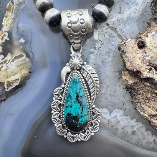 Sterling Silver Southwestern Style Teardrop Turquoise Decorated Pendant For Women