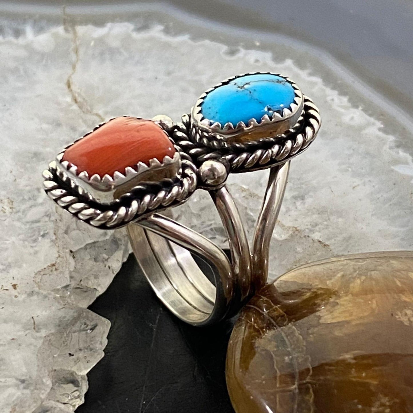 Native American Sterling Silver Turquoise & Coral Ring Size 8.25 For Women