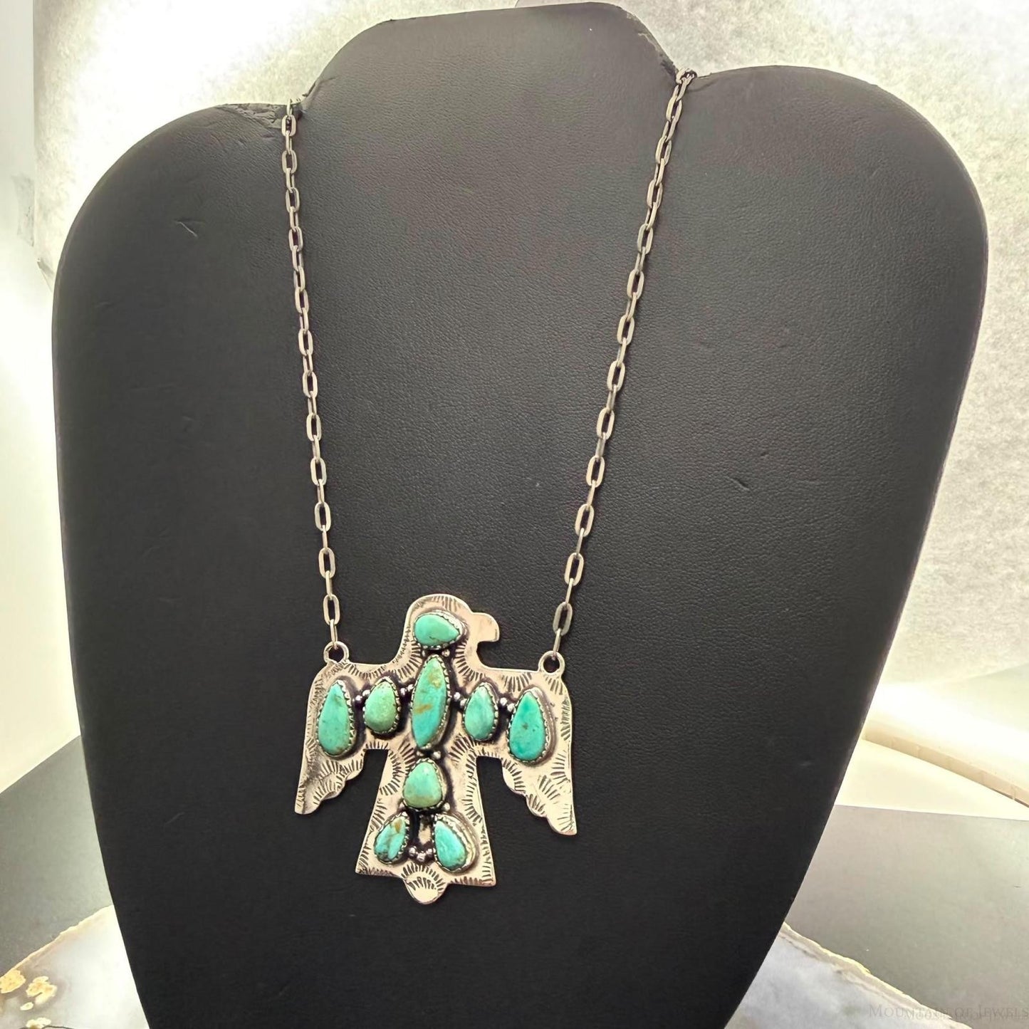 Sterling Silver Southwestern Style Kingman Turquoise Thunderbird Pendant Necklace For Women #3